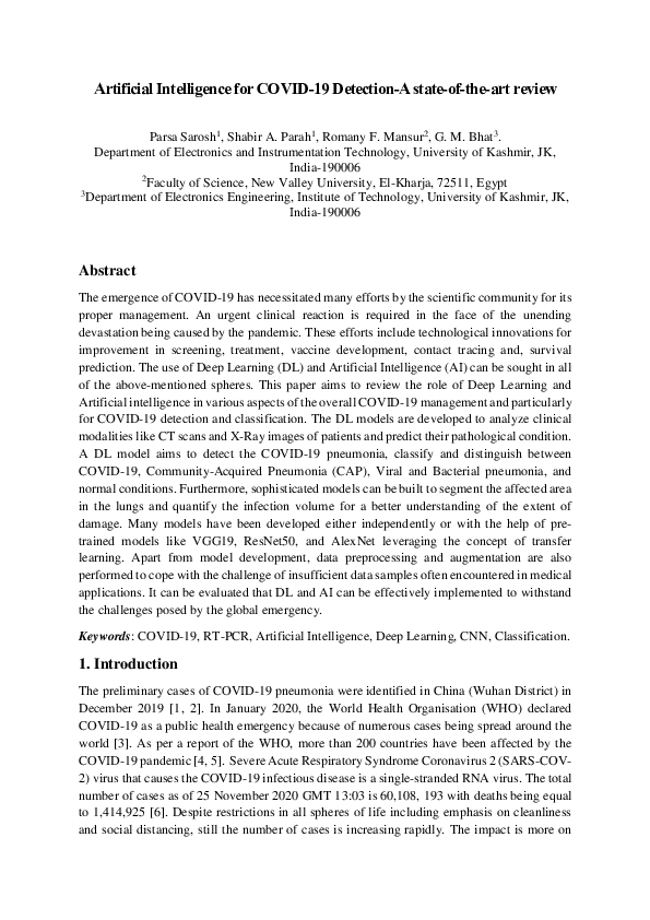 (PDF) Artificial Intelligence for COVID-19 Detection -- A state-of-the ...