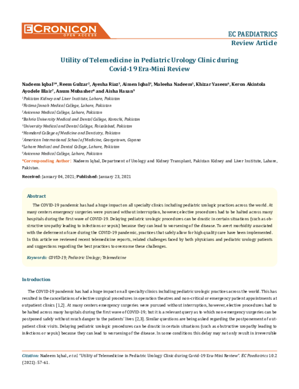(PDF) Utility of Telemedicine in Pediatric Urology Clinic during Covid ...