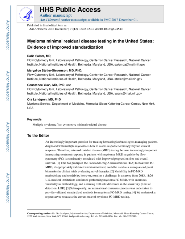 (PDF) Myeloma minimal residual disease testing in the United States ...