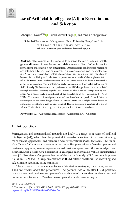 (PDF) Use of Artificial Intelligence (AI) in Recruitment and Selection