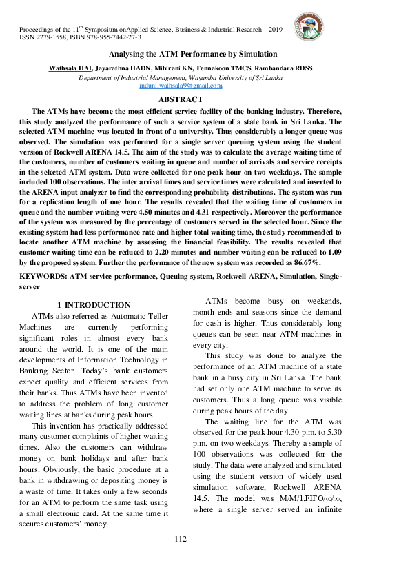 (PDF) Analysing the ATM Performance by Simulation