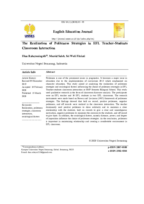 (PDF) The Realization of Politeness Strategies in EFL Teacher-Students ...