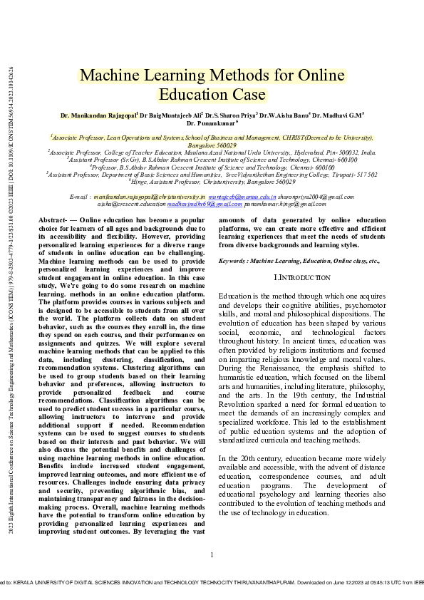 (PDF) Machine Learning Methods for Online Education Case