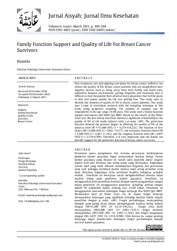 (PDF) Family Function Support and Quality of Life For Breast Cancer ...