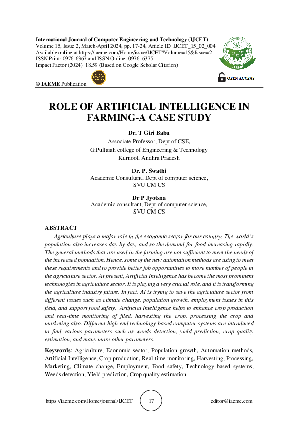 (PDF) ROLE OF ARTIFICIAL INTELLIGENCE IN FARMING-A CASE STUDY