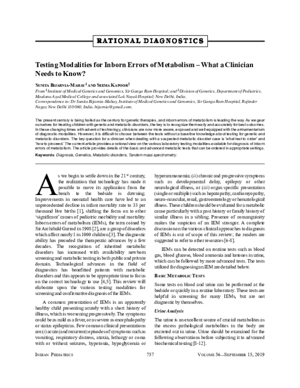 (PDF) Testing Modalities for Inborn Errors of Metabolism — What a ...