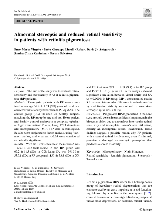 (PDF) Abnormal stereopsis and reduced retinal sensitivity in patients ...