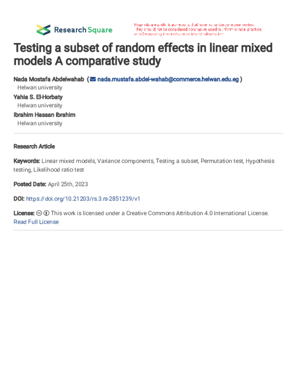 (PDF) Testing a subset of random effects in linear mixed models A ...
