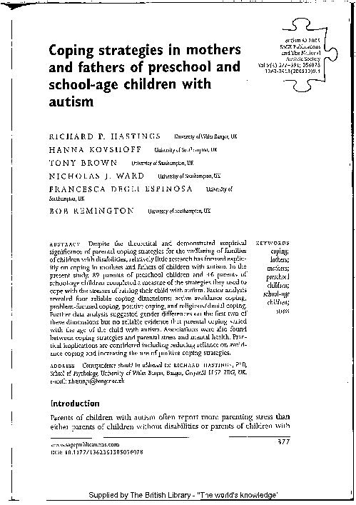 (PDF) Coping strategies in mothers and fathers of preschool and school ...