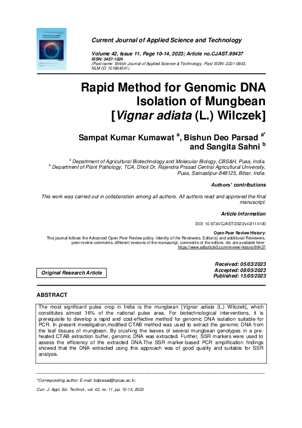 (PDF) Rapid Method for Genomic DNA Isolation of Mungbean [Vignar adiata ...