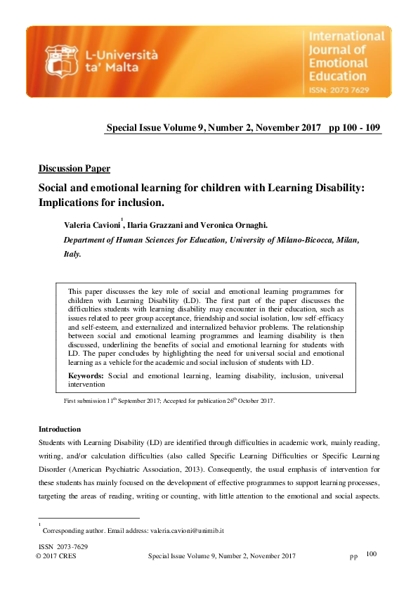 (PDF) Discussion Paper Social and emotional learning for children with ...