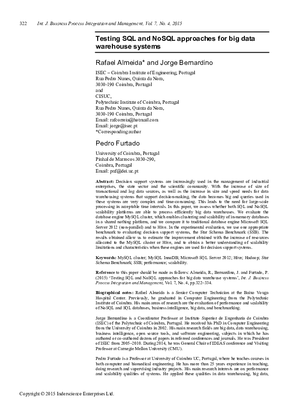 (PDF) Testing SQL and NoSQL approaches for big data warehouse systems