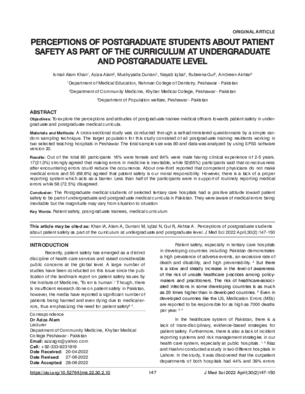 (PDF) Perceptions of Postgraduate Students About Patient Safety as Part ...