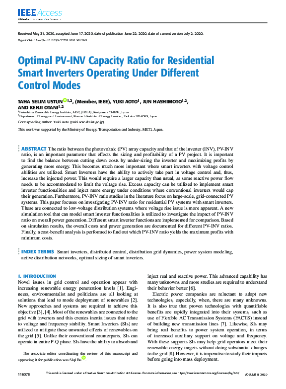 (PDF) Optimal PV-INV Capacity Ratio for Residential Smart Inverters ...