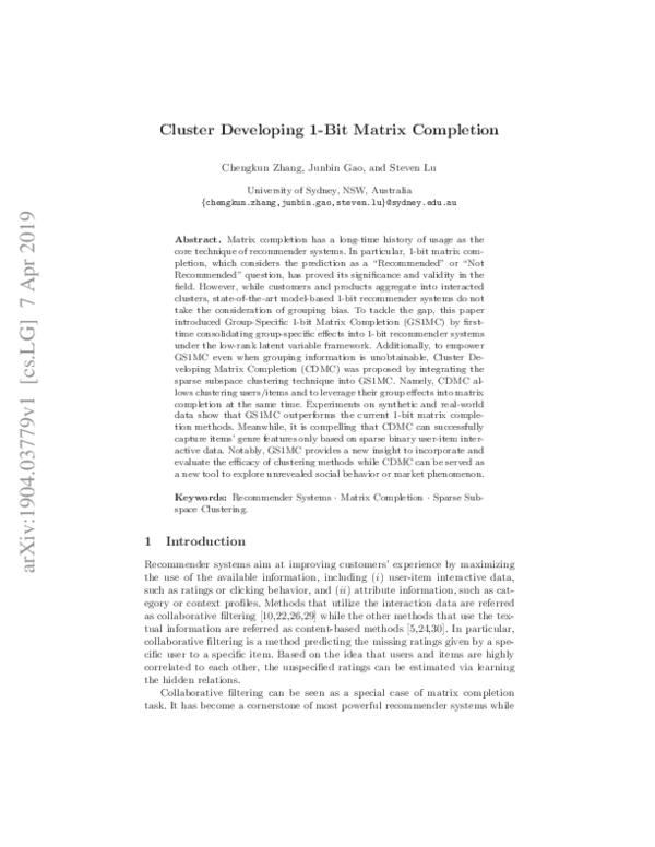 (PDF) Cluster Developing 1-Bit Matrix Completion