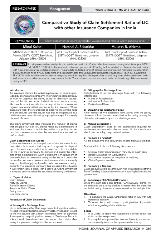 (PDF) Comparative Study of Claim Settlement Ratio of LIC with other ...