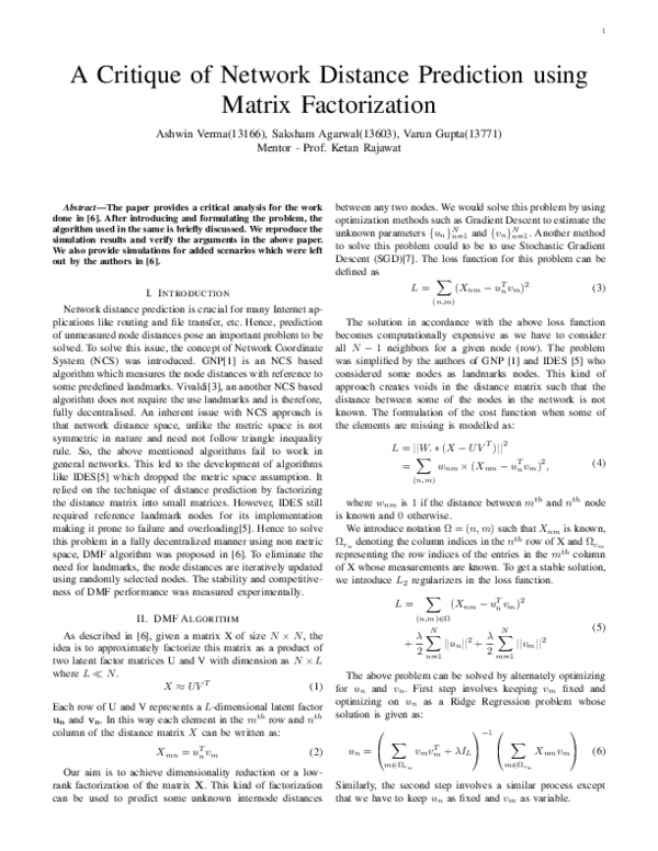(PDF) A Critique of Network Distance Prediction using Matrix Factorization