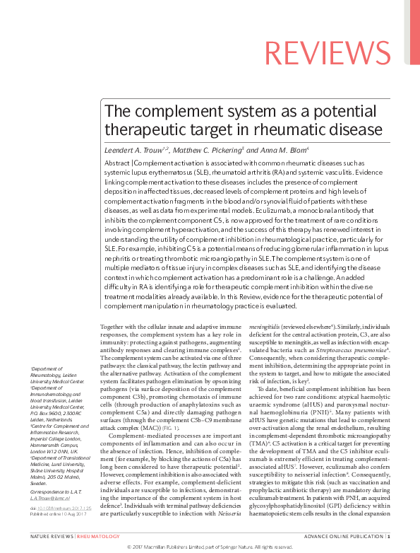 (PDF) The complement system as a potential therapeutic target in ...