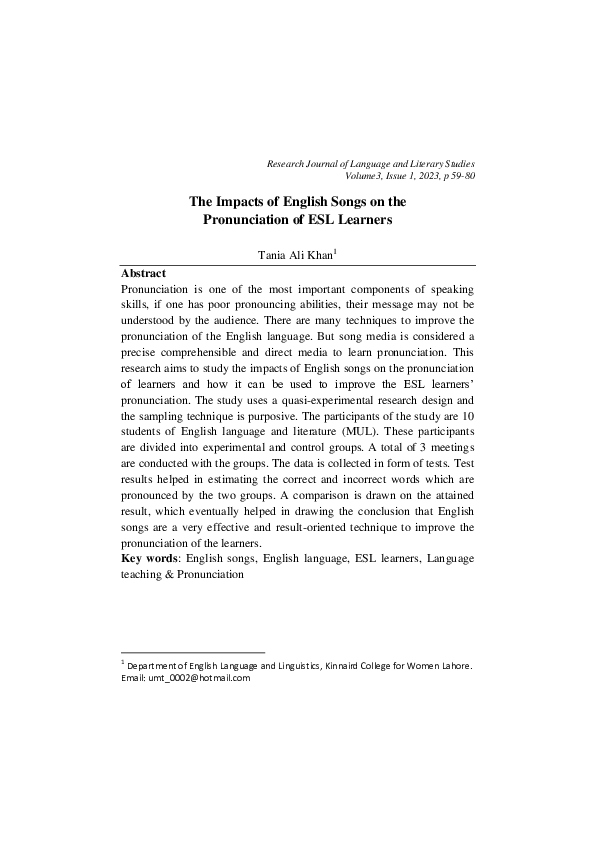 (PDF) The Impacts of English Songs on the Pronunciation of ESL Learners