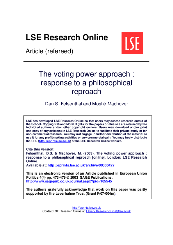 (PDF) The voting power approach : response to a philosophical reproach