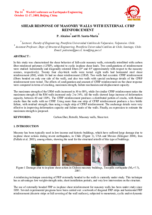 (PDF) Shear response of masonry walls with external CFRP reinforcement