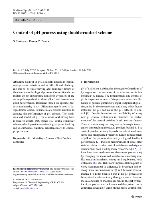 (PDF) Control of pH process using double-control scheme