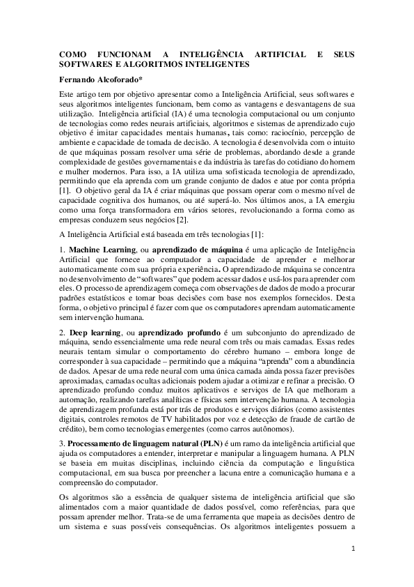 (PDF) COMO FUNCIONAM A INTELIGÊNCIA ARTIFICIAL E SEUS SOFTWARES E ...