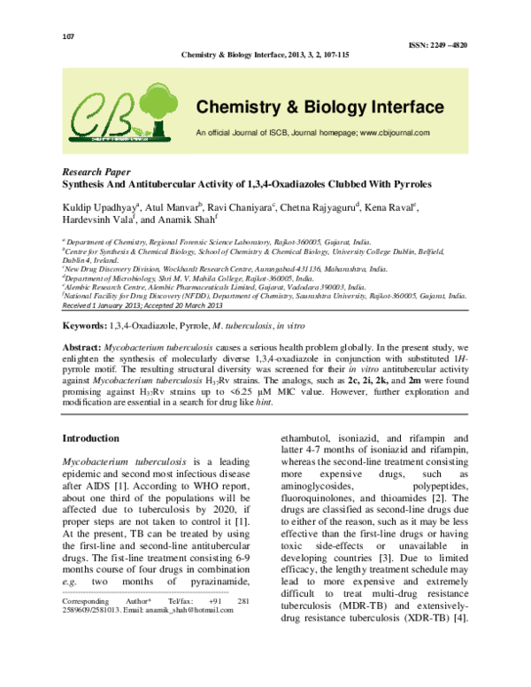 (PDF) Research Paper Synthesis And Antitubercular Activity of 1,3,4 ...