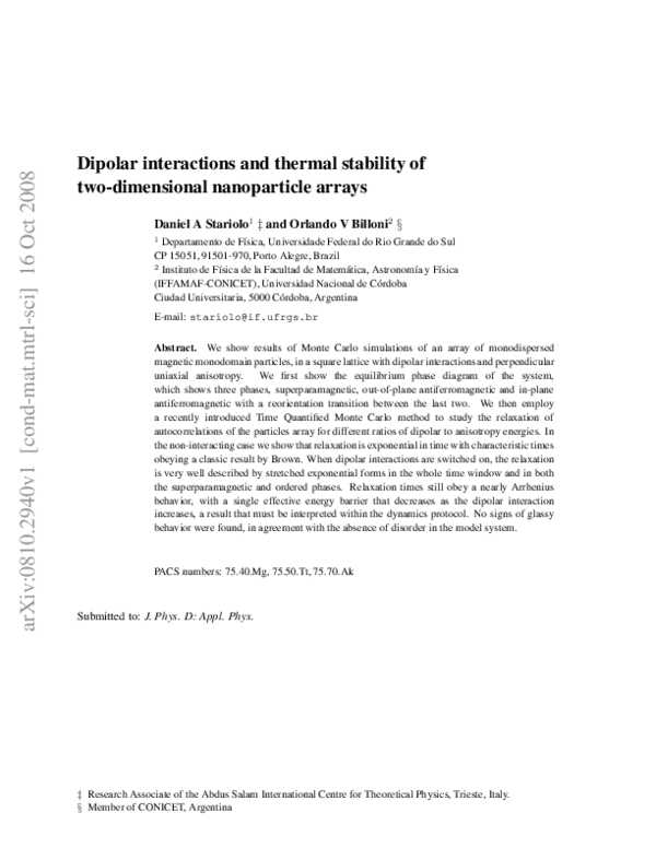 (PDF) Dipolar interactions and thermal stability of two-dimensional ...