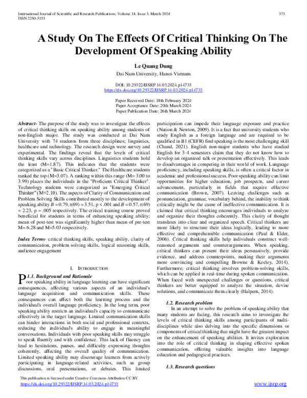 (PDF) A Study On The Effects Of Critical Thinking On The Development Of ...