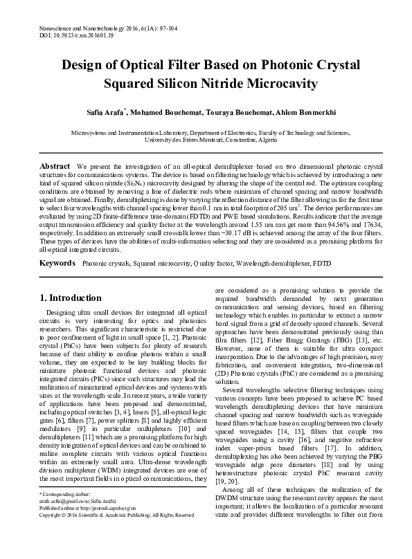 (PDF) Design of Optical Filter Based on Photonic Crystal Squared ...