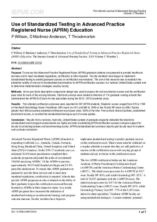 (PDF) Use of Standardized Testing in Advanced Practice Registered Nurse ...
