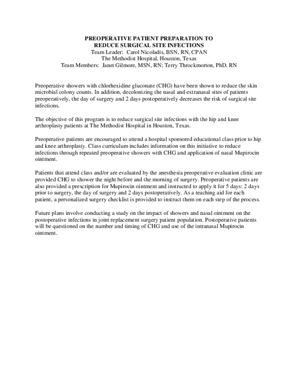 (PDF) Preoperative Patient Preparation to Reduce Surgical Site Infections
