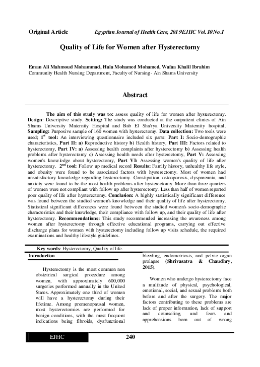 (PDF) Quality of Life for Women after Hysterectomy