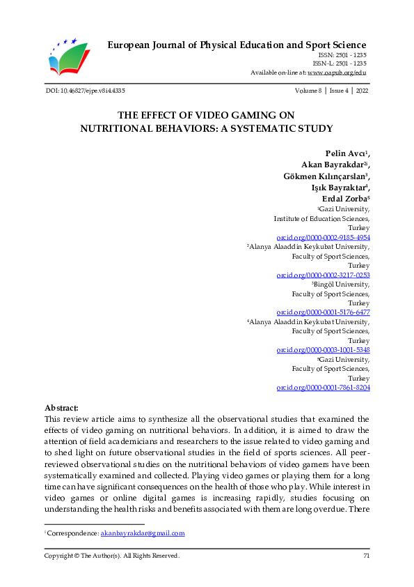 (PDF) THE EFFECT OF VIDEO GAMING ON NUTRITIONAL BEHAVIORS: A SYSTEMATIC ...