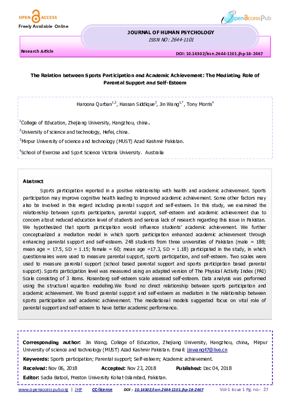 The Relation between Sports Participation and Academic Achievement: The Mediating Role of Parental Support and Self-Esteem