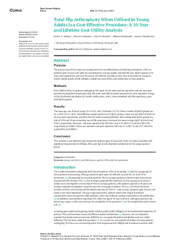(PDF) Total Hip Arthroplasty When Utilised in Young Adults Is a Cost ...