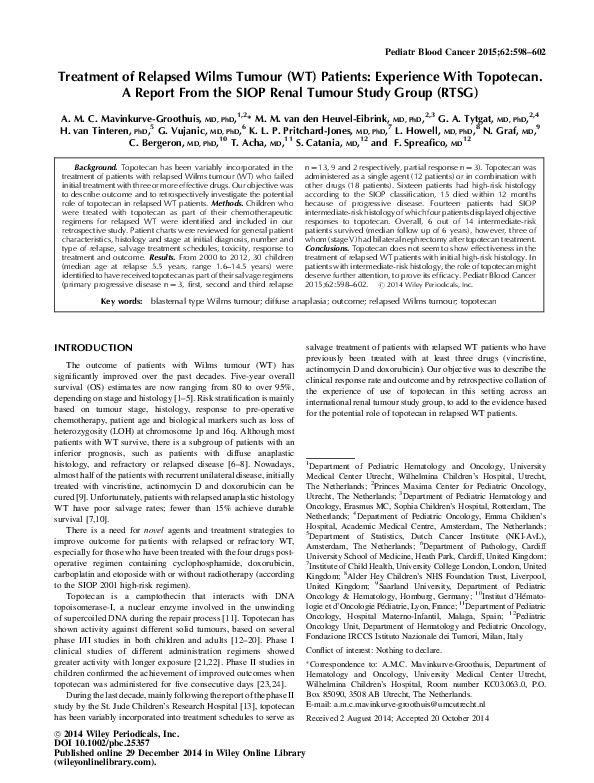 (PDF) Treatment of relapsed Wilms tumour (WT) patients: Experience with ...