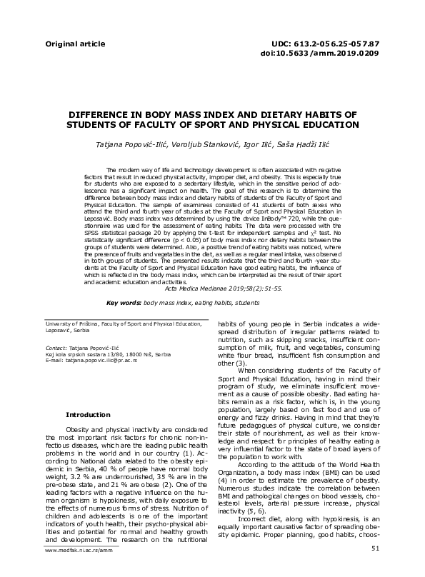 (PDF) Difference in body mass index and dietary habits of students of ...