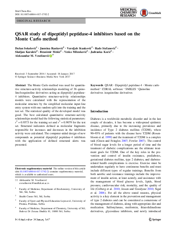 (PDF) QSAR study of dipeptidyl peptidase-4 inhibitors based on the ...