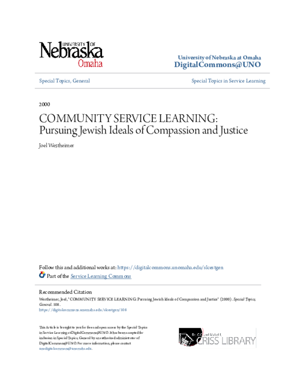 (PDF) Community Service Learning: Pursuing Jewish Ideals of Compassion ...