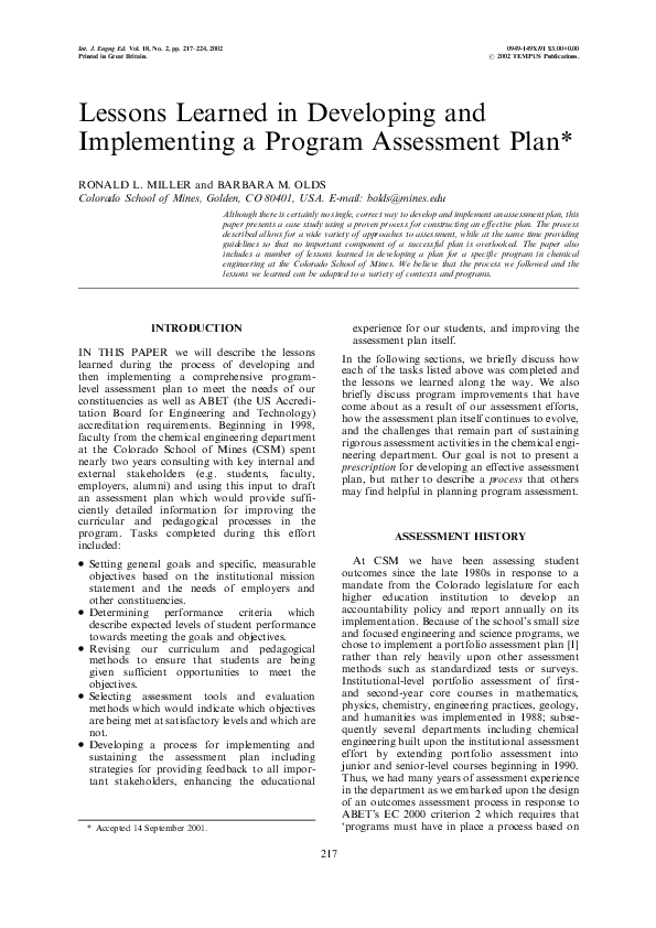 (PDF) Lessons Learned in Developing and Implementing a Program ...
