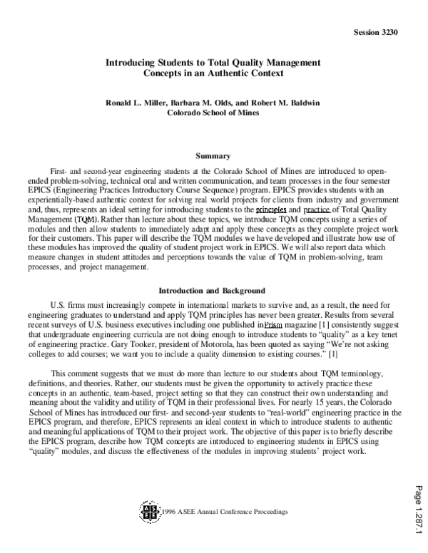 (PDF) Introducing Students To Total Quality Management Concepts In An ...