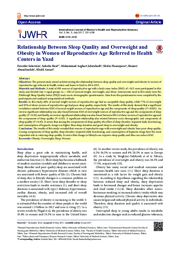 (PDF) Relationship Between Sleep Quality and Overweight and Obesity in ...