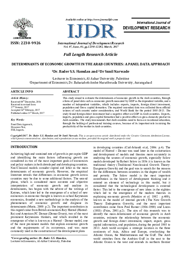 (PDF) DETERMINANTS OF ECONOMIC GROWTH IN THE ARAB COUNTRIES: A PANEL ...