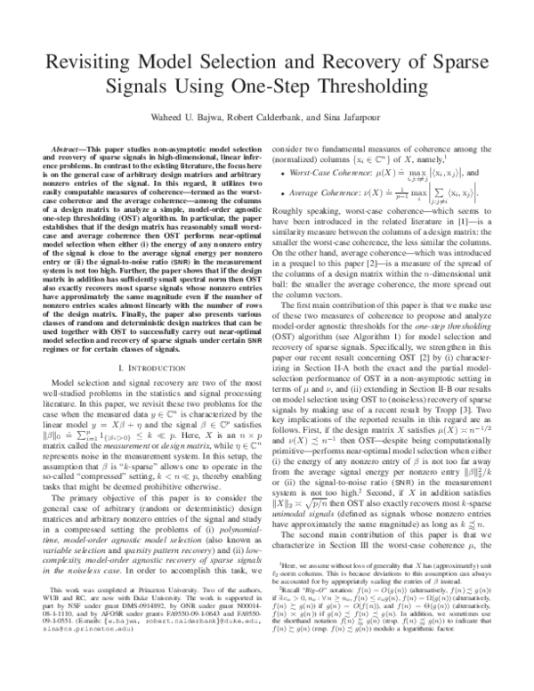 (PDF) Revisiting model selection and recovery of sparse signals using ...