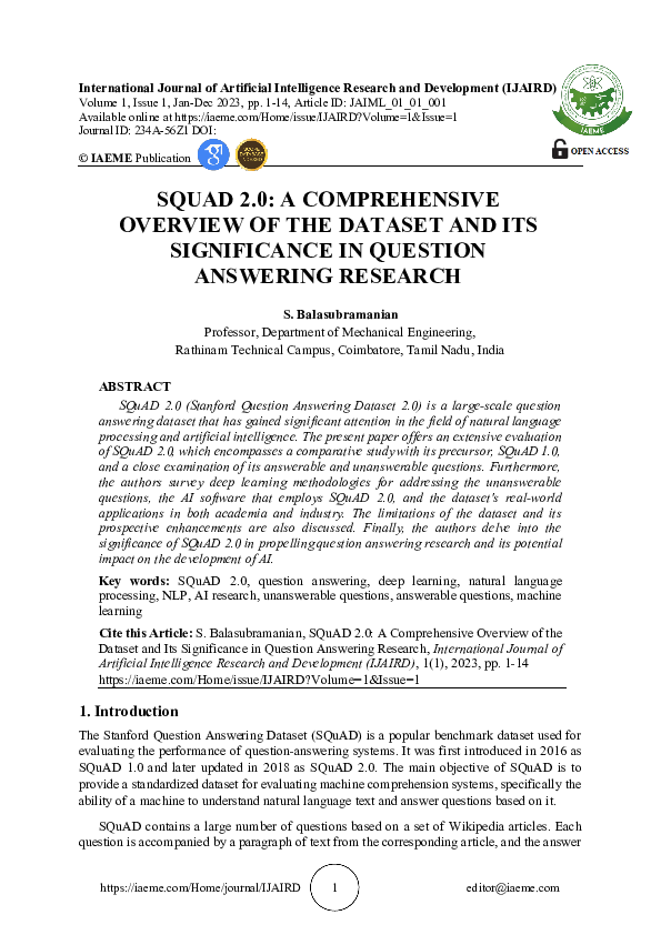 (PDF) SQUAD 2.0: A COMPREHENSIVE OVERVIEW OF THE DATASET AND ITS ...