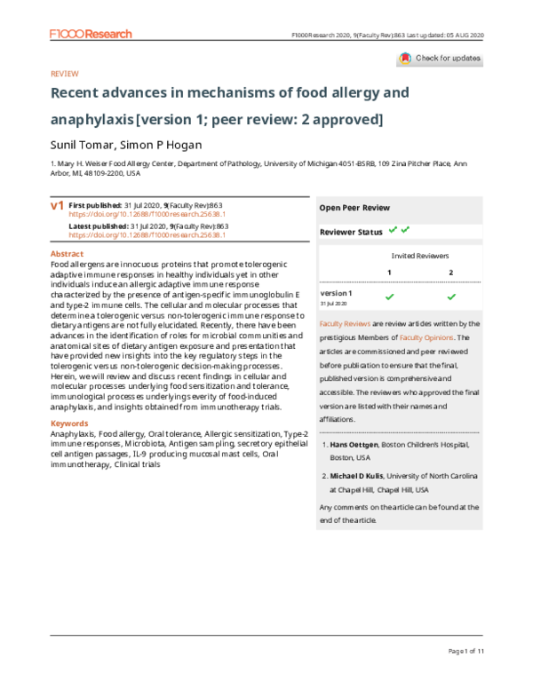 (PDF) Recent advances in mechanisms of food allergy and anaphylaxis