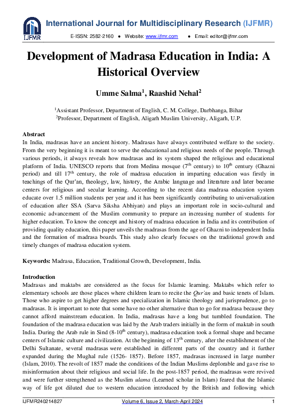 (PDF) Development of Madrasa Education in India: A Historical Overview