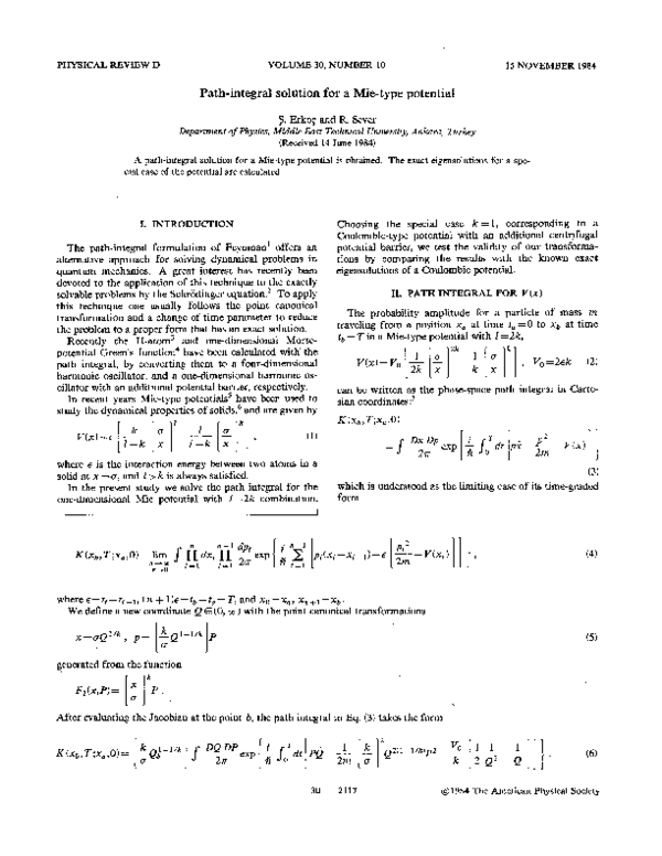 Pdf Path Integral Solution For A Mie Type Potential